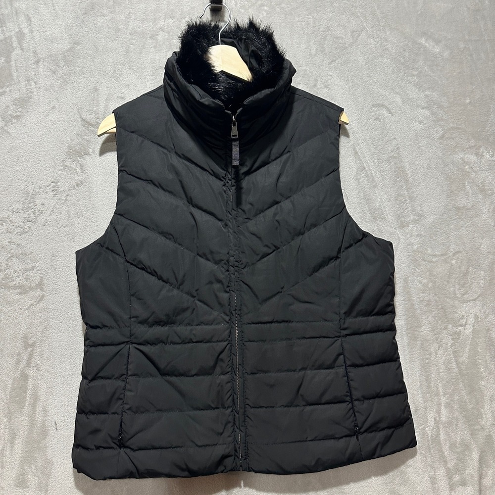 Talbots Petite Black Down Puffer Vest Faux Fur Trim Collar XLP VN5267 04/21